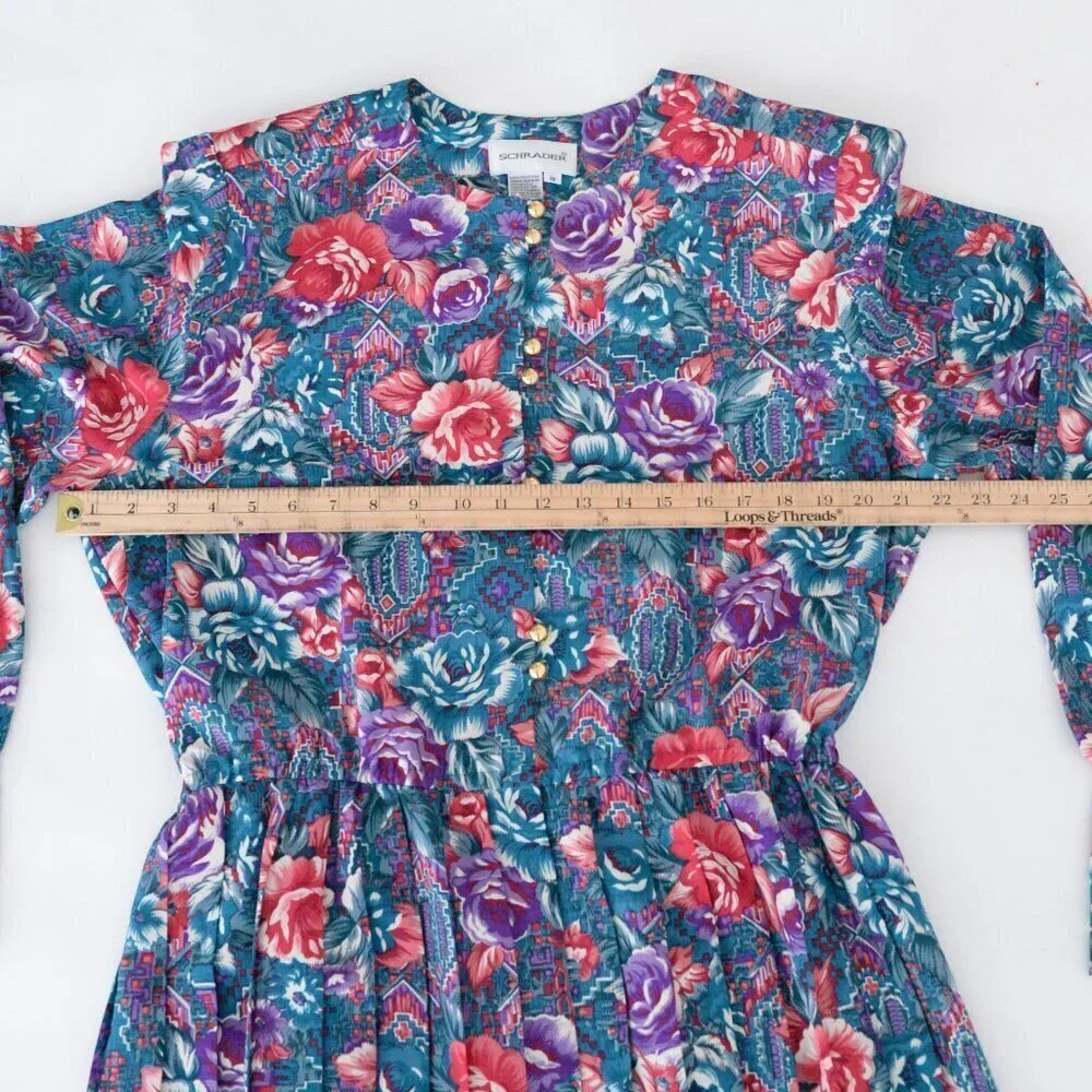 Vintage Schrader Teal Purple Floral Button Front Pleated Maxi Retro 80s Dress 18 - Picture 3 of 14